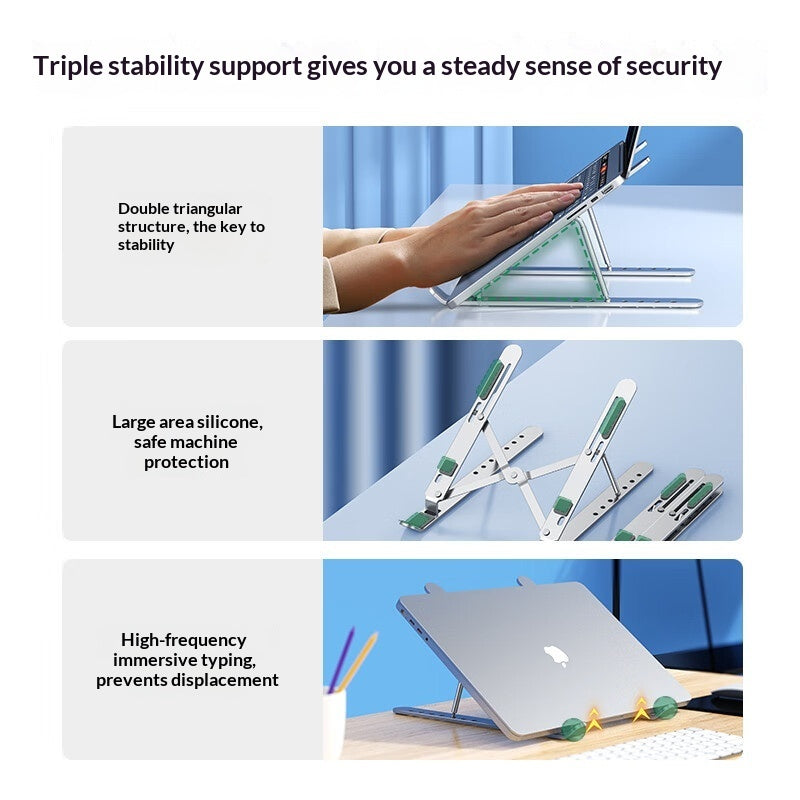 Support argent pour ordinateur portable : structure inclinée, patins antidérapants et ordinateur installé sur un bureau