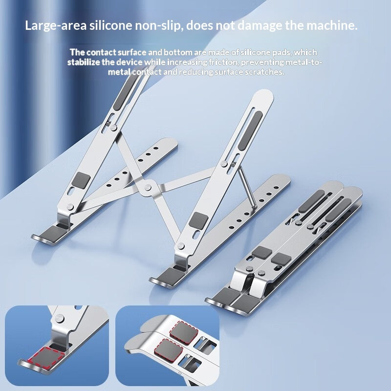 Support pour ordinateur portable en aluminium argent, déplié et replié, avec détails des patins antidérapants
