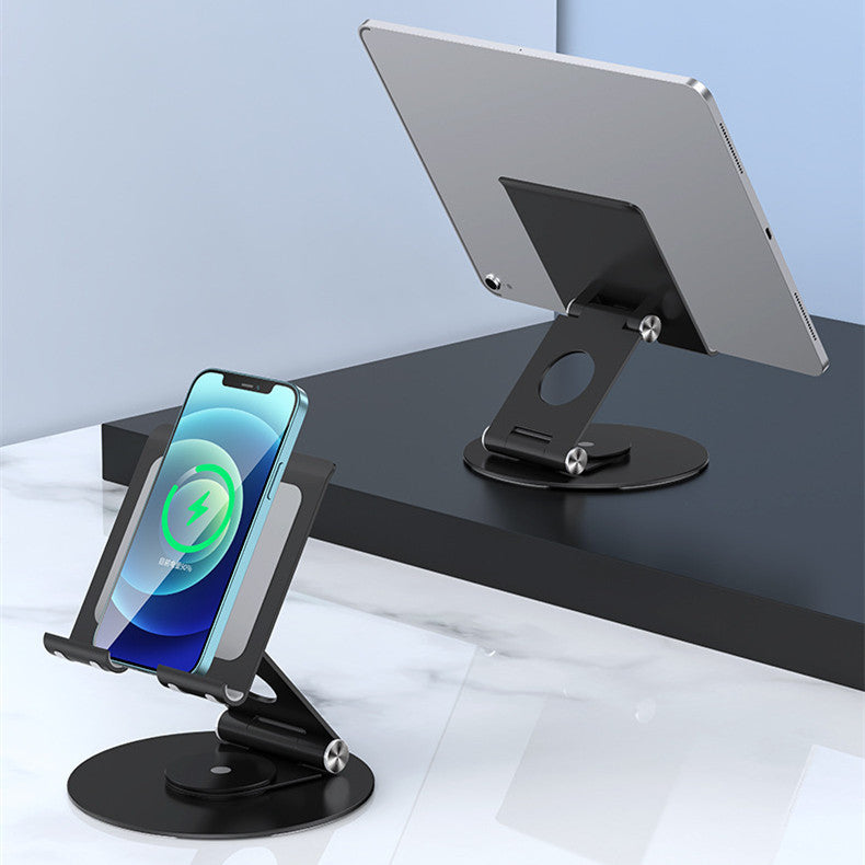 Support de bureau noir réglable et rotatif, présenté avec un smartphone et une tablette