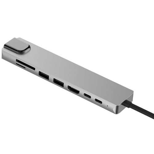 Hub USB-C argent vu de côté, avec ports USB, HDMI, USB-C et lecteurs de cartes mémoire