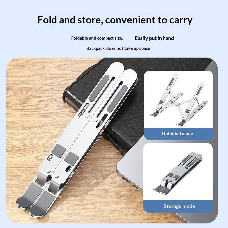 Support pliable pour ordinateur portable en aluminium argent, montré en position de rangement compacte et dépliée